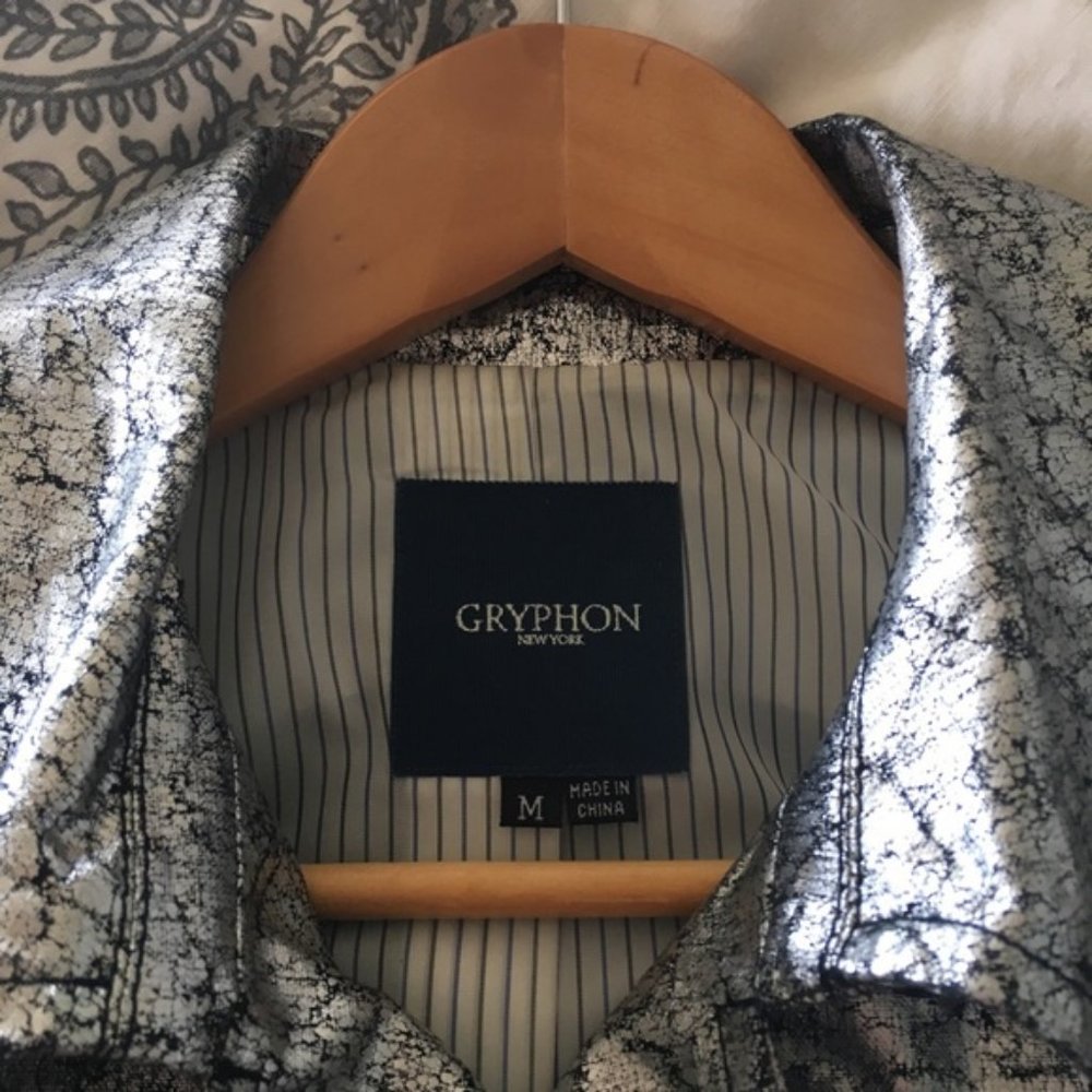 GRYPHON SILVER FOIL BLACK COVERED CROPPED SWING LINEN JACKET Sz M #191 - Picture 5 of 7